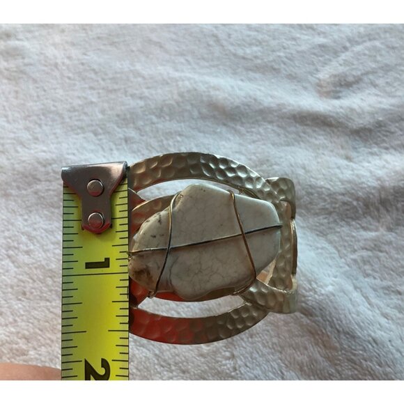 Hammered Gold-Tone Cuff Bracelet Matte Oval White Stone Boho Adjustable - Picture 8 of 11